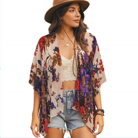 Other - Whimsigoth Burnout Velvet Floral Kimono Shawl Wrap Women OS Purple Cottagecore